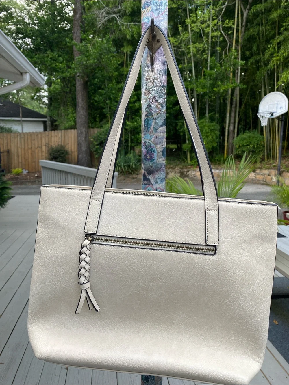 Cream Tote Bag with Braided Zip Pull